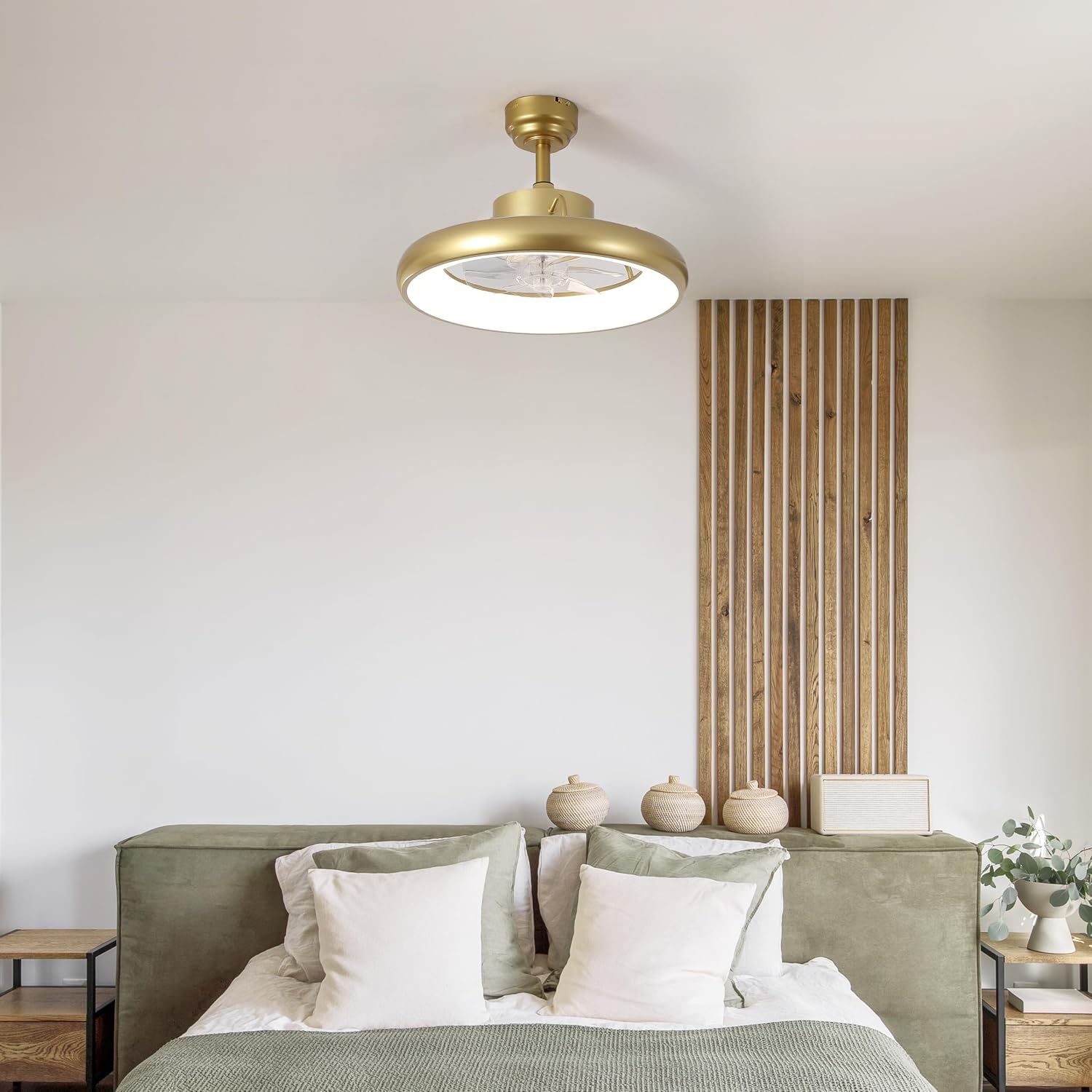 Oval AIR Loren 20' Small Smart Ceiling Fan with Light, Semi Flush Mount, Quiet 6-Speed Reversible Motor, Dimmable LED, Adjustable CCT, App & Remote Control, Modern Glam, Gold AIR8002A