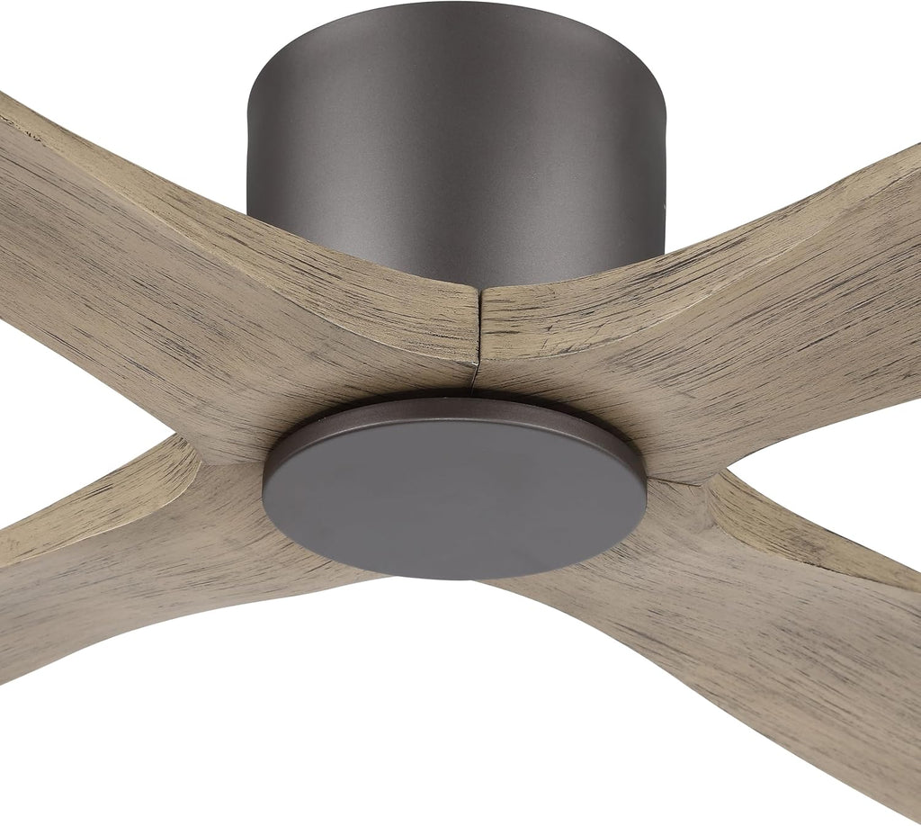 WINGBO 48 Inch Flush Mount DC Ceiling Fan without Lights, 4 Reversible Carved Wood Blades, 6-Speed Noiseless DC Motor, Hugger Ceiling Fan No Lights in Graphite Finish with Gray Blades, ETL Listed
