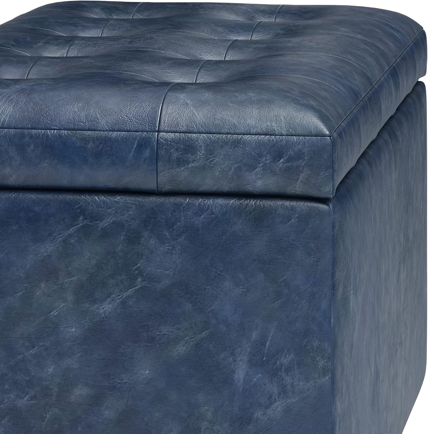 SIMPLIHOME Cosmopolitan Storage Ottoman - 34 inch Wide Upholstered Vegan Leather Rectangle Storage Ottoman Bench in Denim Blue, Transitional Tufted Ottoman for Living Room or Entryway with Lift-Up Lid