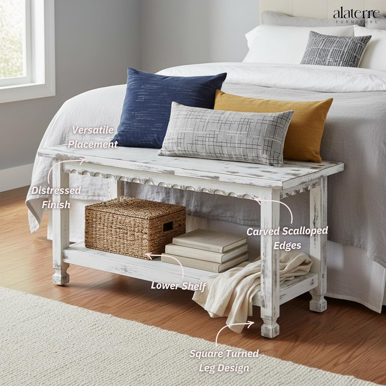 Country Cottage 36-Inch Farmhouse Entryway Bench with Storage Shelf – Solid Pine Wood Bench in Distressed White for Hallway, Bedroom, or Mudroom by Alaterre Furniture
