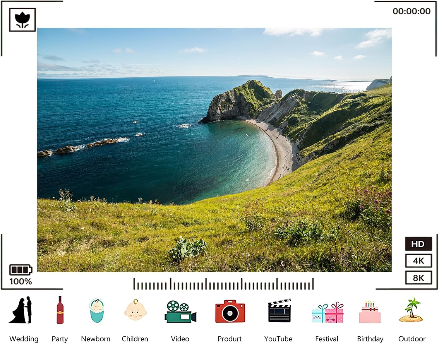Trykid 20x10ft Jurassic Coast Cliff Backdrop Turquoise Ocean Beach Green Grassy Hills Clear Sky Photography Background UK Travel Party Decoration Photo Booth Prop Fabric