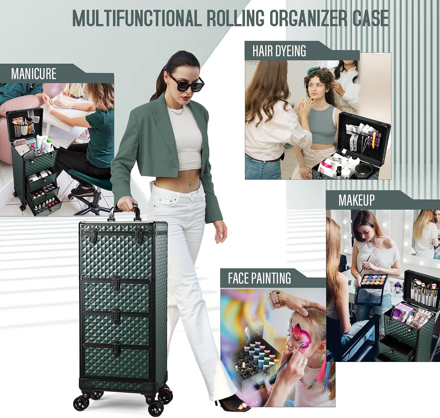 Yueieoun Nail Trolley Cart with 3 Drawers, Salon Station Cosmetology Case on Wheels Rolling Makeup Train Case Nail Case Organizer Beauty Salon Travel Case for Nailart,SPA,Hairstylist,Artist,Dark Green