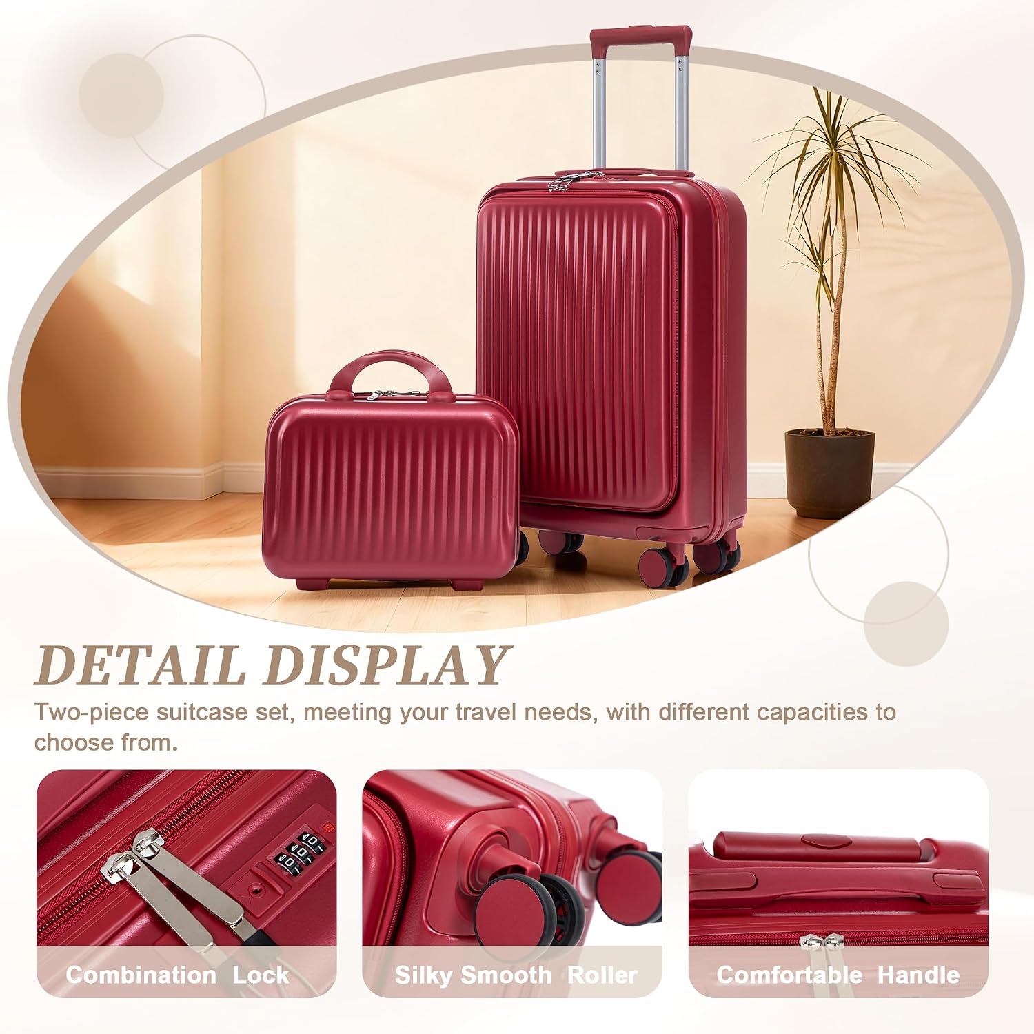 Two-piece luggage set with swivel wheels black hard shell 20-inch carry-on and 14-inch vanity case (Red)