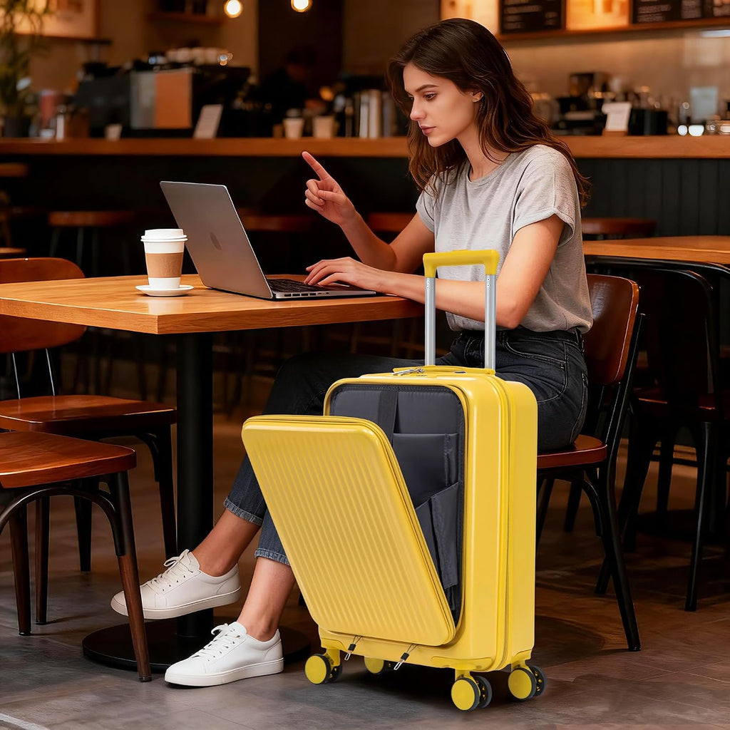 Two-piece luggage set with swivel wheels black hard shell 20-inch carry-on and 14-inch vanity case (Yellow)