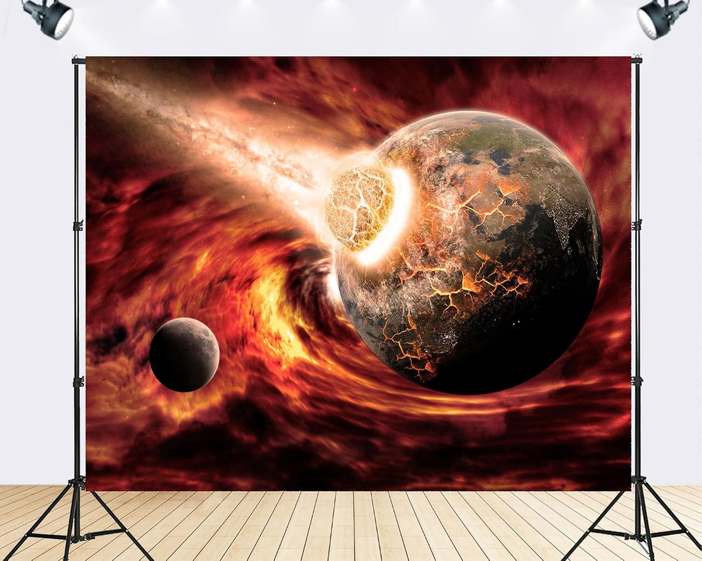 Trykid 20x10ft Apocalyptic Planet Collision Space Backdrop Fiery Cosmic Destruction Scene Photography Background Sci-Fi Event Party Decoration Tapestry Photo Booth Prop Fabric