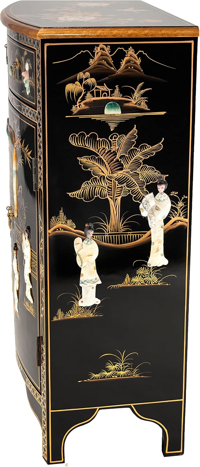 Red Lantern Artisan Crafted Lacquer Storage Cabinet - Black with Mother of Pearl Courtyard Scene
