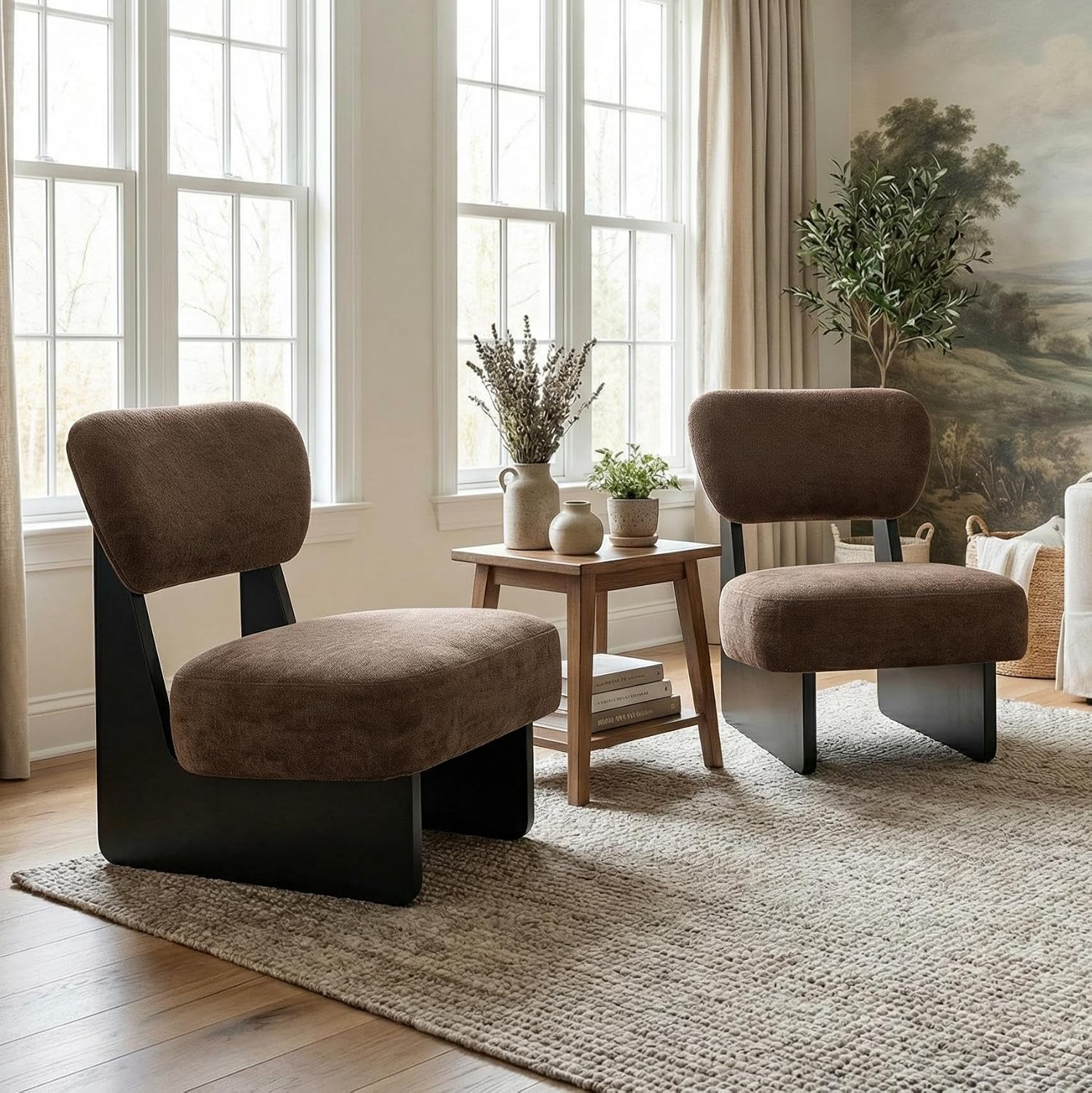Christopher Knight Home Mores Low Profile Accent Chair Set of 2, Modern Living Room Armless Lounge Chair, Fabric Comfy Reading Chair for Bedroom, Wooden Frame and Thick Padded Seat, Black+Dark Brown