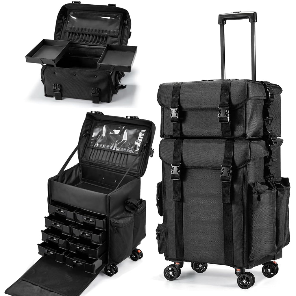 Costravio Travel Makeup Bag, Cosmetology Case on Wheels, 2 IN 1 Hair Tool Organizer, Rolling Nail Organizer Train Case, Large Cosmetic Trolley Suitcase for MUA/Hairstyling/Home-care/Groomer, Black