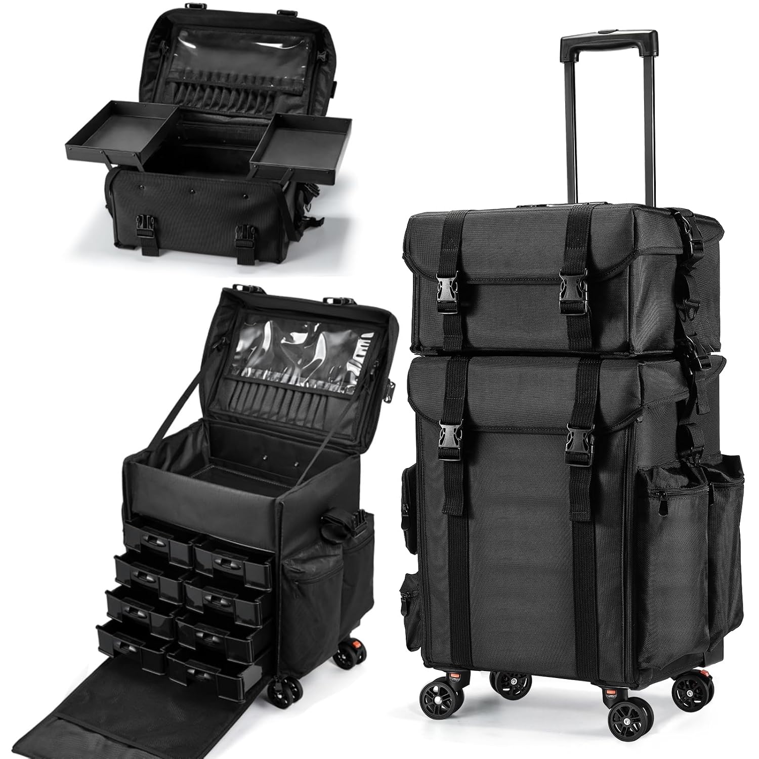 Costravio Travel Makeup Bag, Cosmetology Case on Wheels, 2 IN 1 Hair Tool Organizer, Rolling Nail Organizer Train Case, Large Cosmetic Trolley Suitcase for MUA/Hairstyling/Home-care/Groomer, Black