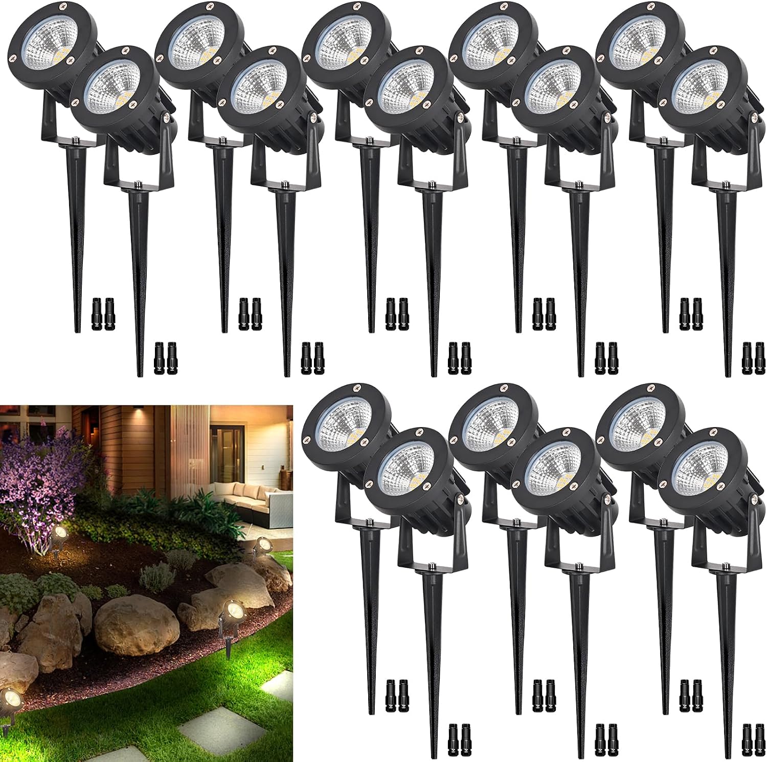 15W Low Voltage Landscape Lights LED Landscape Lighting with Connectors and Spike Stand, 12V 24V Outdoor Spotlights Yard Garden Pathway Lights, 1500LM Waterproof Warm White Light (16Pack)