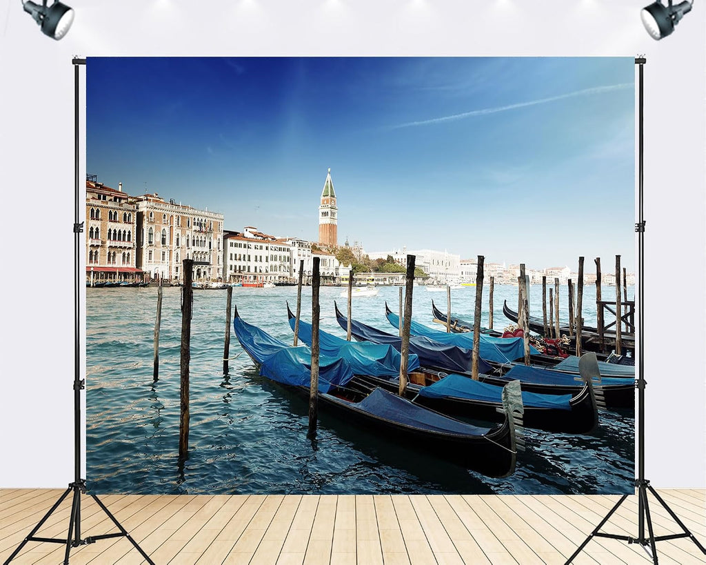 Trykid 20x10ft Venice Gondolas Backdrop Grand Canal Historic Buildings Clear Blue Sky Photography Background City Wedding Event Party Decoration Photo Booth Prop Fabric