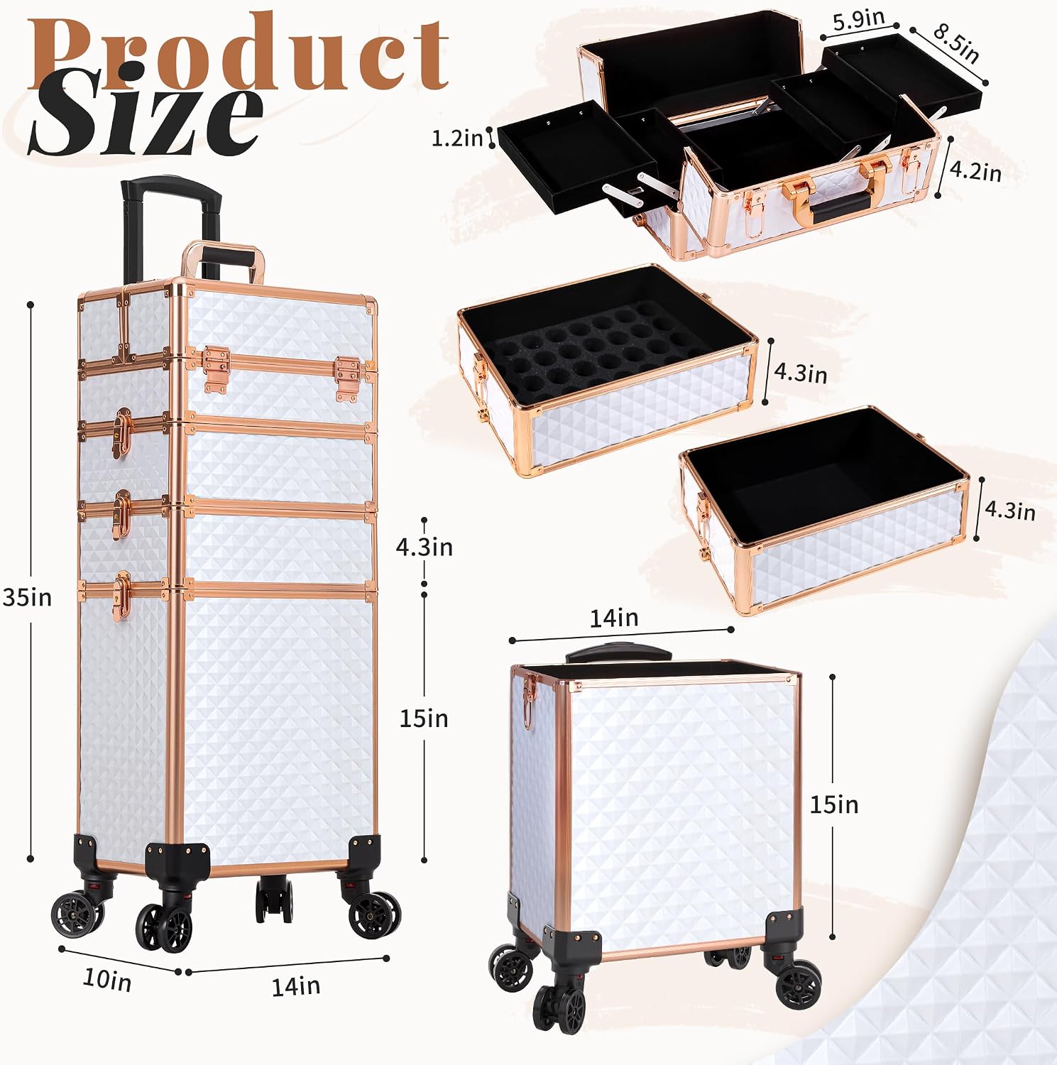 AROUS Rolling Makeup Train Case 4 in 1 Cosmetology Case on Wheels Large Storage Cosmetic Trolley with Key Salon Barber Case Traveling Cart Trunk,White