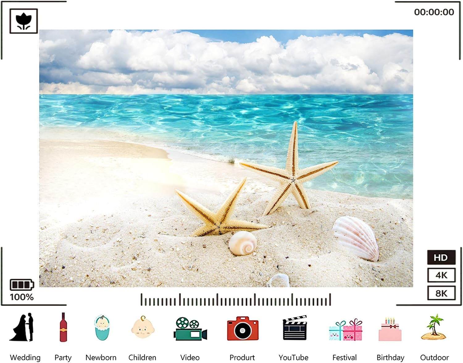 Trykid 20x10ft Beach Starfish Shell Backdrop Clear Water White Cloud Photography Background Summer Vacation Beach Party Tapestry Party Decoration Photo Studio Prop Fabric