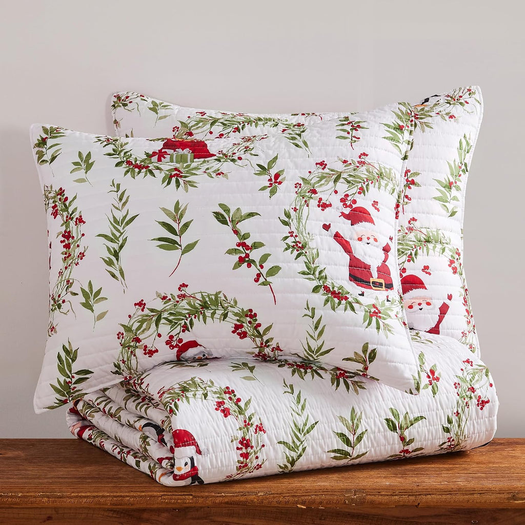 Levtex Home - Pine & Plaid Quilt Set - King Quilt and Two King Shams - Holiday Wreath - Red White Green - Quilt (106x92in.) and Shams (20x36in.) - Reversible - Polyester