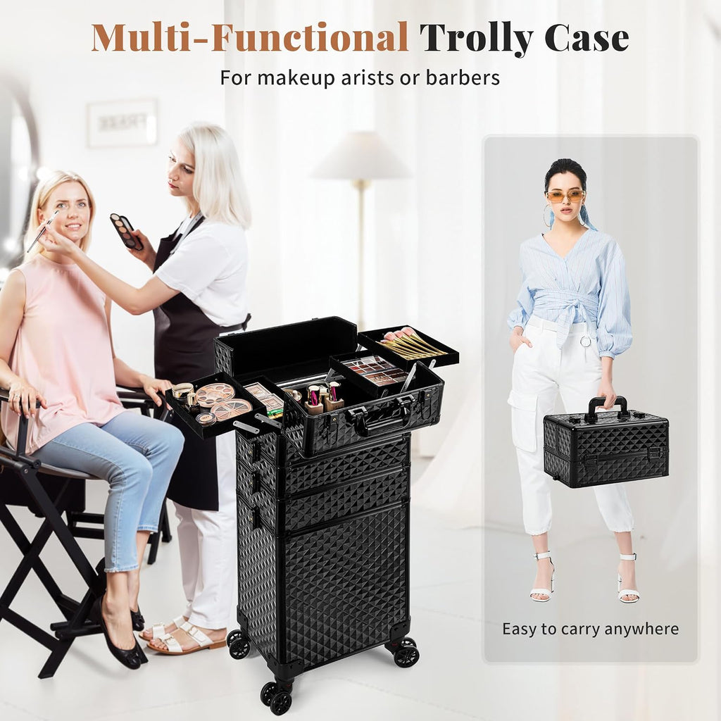 AROUS Rolling Makeup Train Case 4 in 1 Cosmetology Case on Wheels Large Storage Cosmetic Trolley with Key Salon Barber Case Traveling Cart Trunk, Black