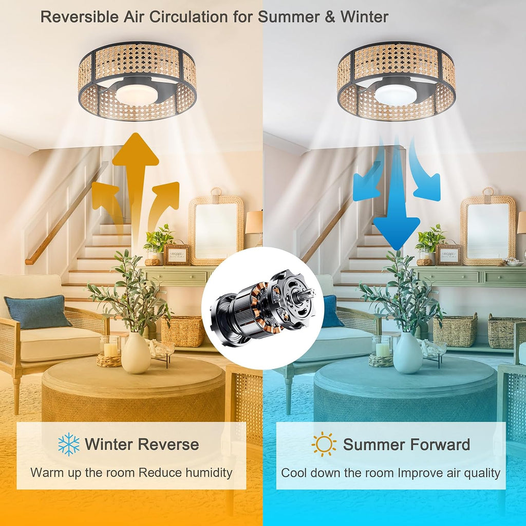 Ganeed 20' Handwoven Rattan Boho Ceiling Fans with Lights, Dimmable RGB LED Wicker Caged Ceiling Fan with Light and Remote, 6 Speed/Reversible Motor Rattan Fandelier for Bedroom Dining Room Nursery