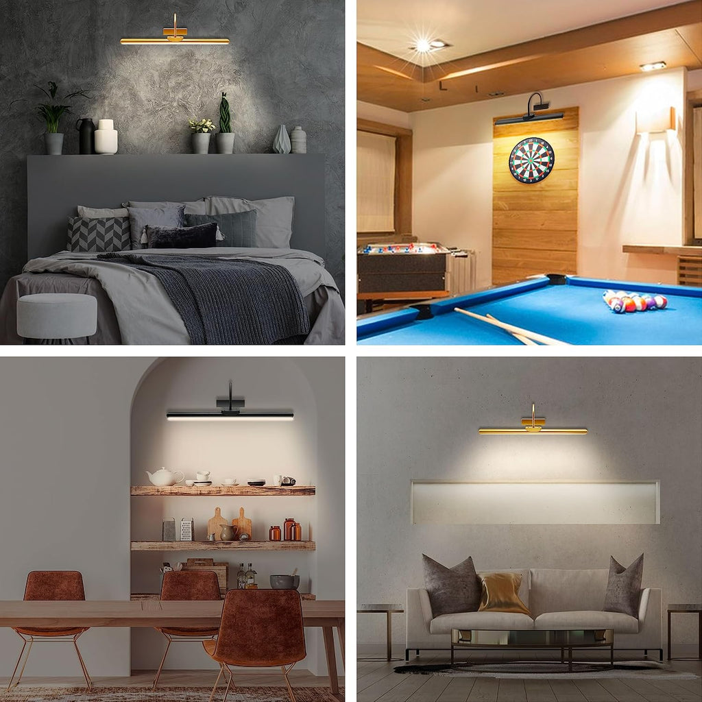23' Wireless Picture Lights, Rechargeable Battery Art Display Light with Remote Control, Dimmable/Timer Off Dartboard Light, 3 Lighting Modes Full Metal Painting Display Lights (Gold-2Pack)
