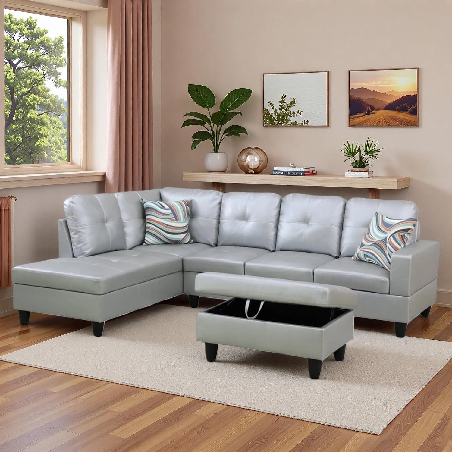 103.5' Sectional Couches for Living Room, Leather 4 Seat L Shaped Couch with Chaise, 3-Piece Modular Sofa with Storage Ottoman, Home Furniture Sets for Apartment Office, Silver