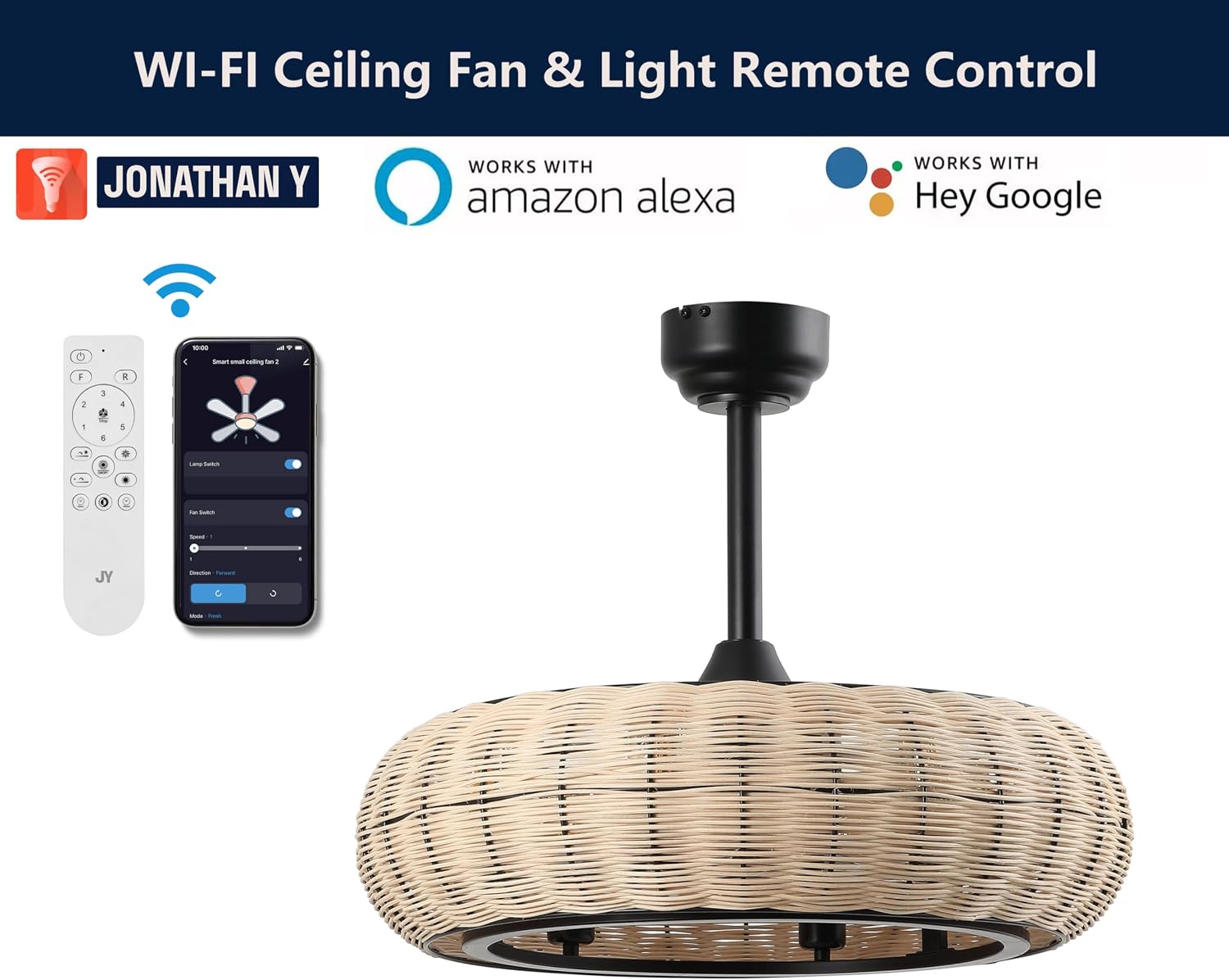 JONATHAN Y 23' Light Brown/Black 6-Light Modern Bohemian Ceiling Fan with Lights, 6-Speed Remote and App Control, Height Adjustable LED Lantern with Dark Brown Rattan Shade for Living Room (JYL9728B)