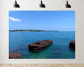 Trykid 20x10ft Coastal Rock Outcrop Clear Water Backdrop Distant Shoreline Bright Sky Photography Background Rugged Shore Tapestry Party Decoration Photo Studio Prop Fabric