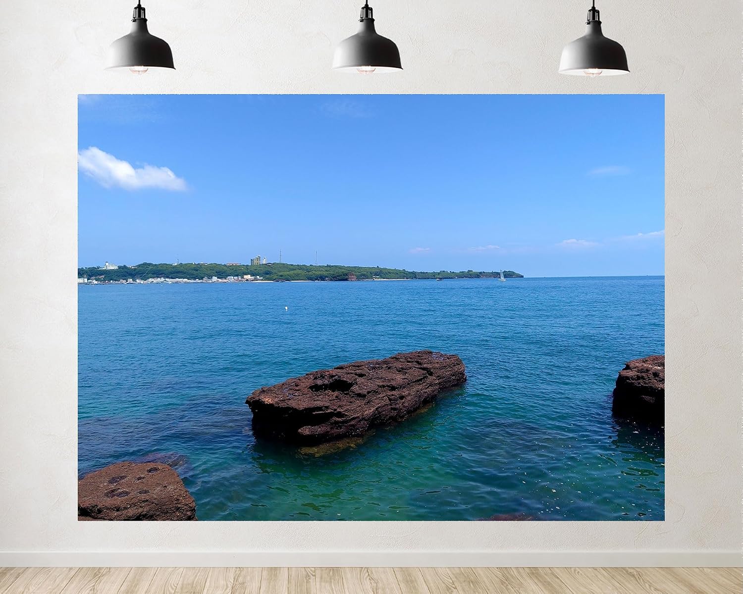 Trykid 20x10ft Coastal Rock Outcrop Clear Water Backdrop Distant Shoreline Bright Sky Photography Background Rugged Shore Tapestry Party Decoration Photo Studio Prop Fabric