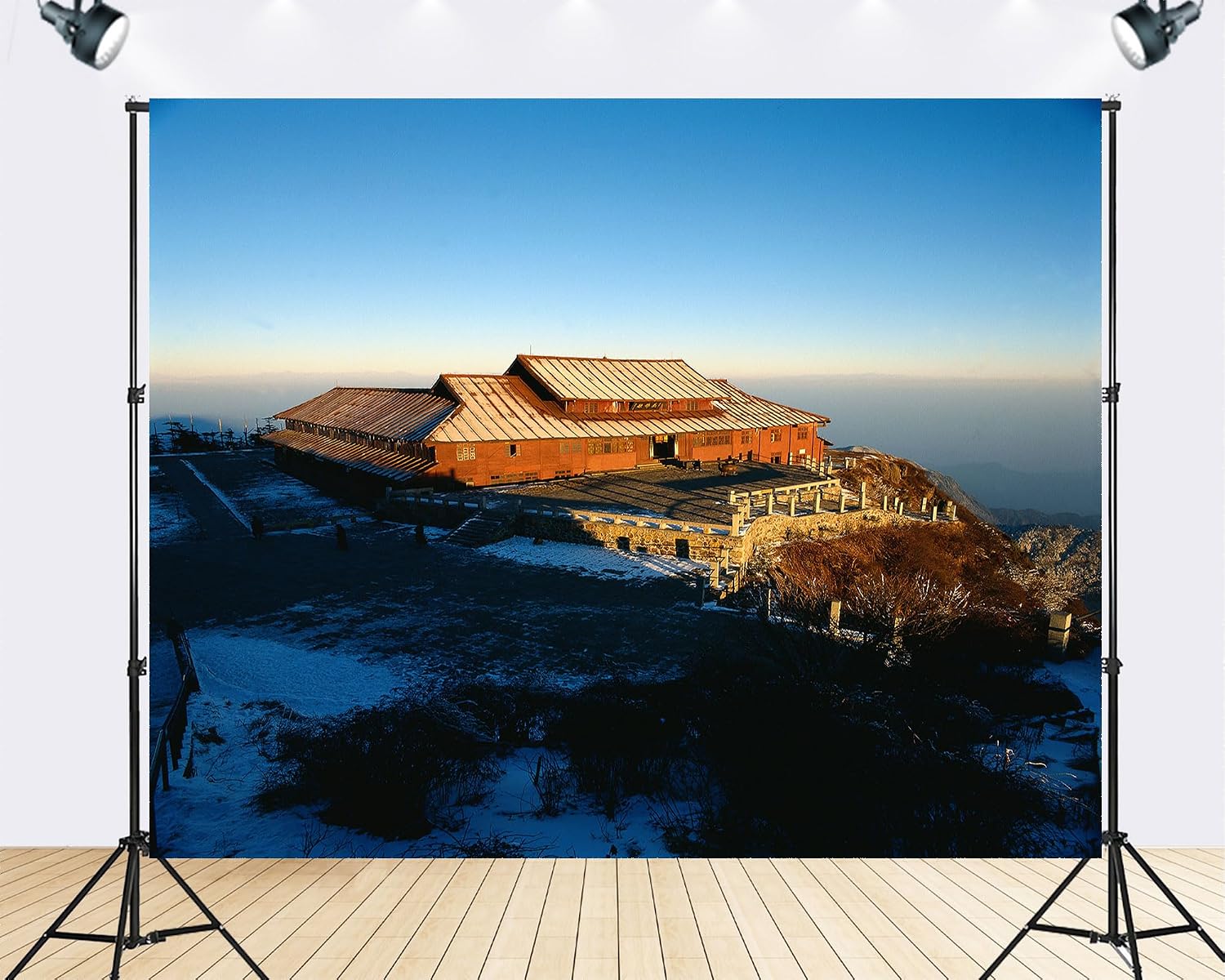 Trykid 20x10ft Mountain Top Cabin Backdrop Snow Covered Roof Clear Blue Sky Misty Horizon Serene Landscape Photography Background Wedding Birthday Party Decoration Photo Booth Prop Fabric
