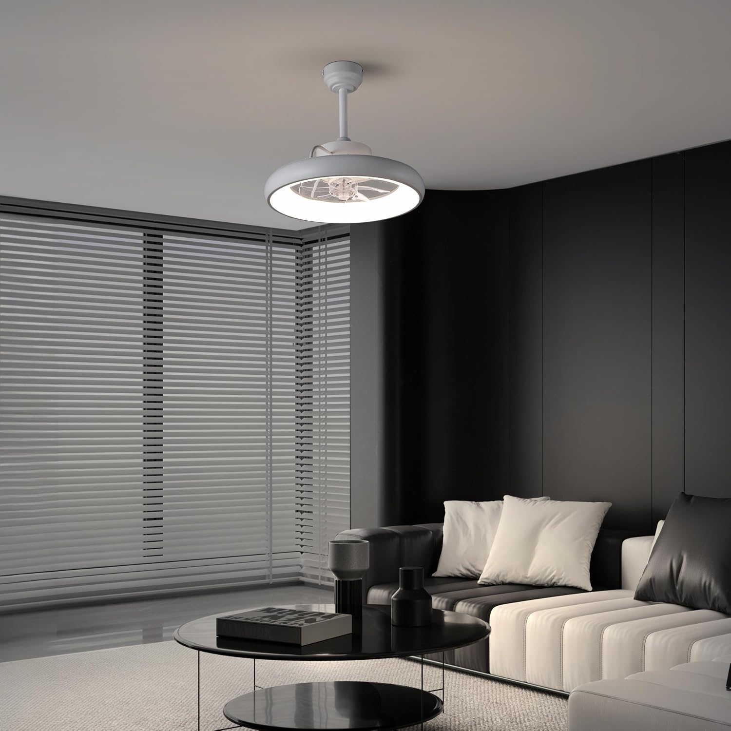 Oval AIR Loren 20' Small Smart Ceiling Fan with Light, Semi Flush Mount, Quiet 6-Speed Reversible Motor, Dimmable LED, Adjustable CCT, App & Remote Control, Minimalist, White AIR8002D