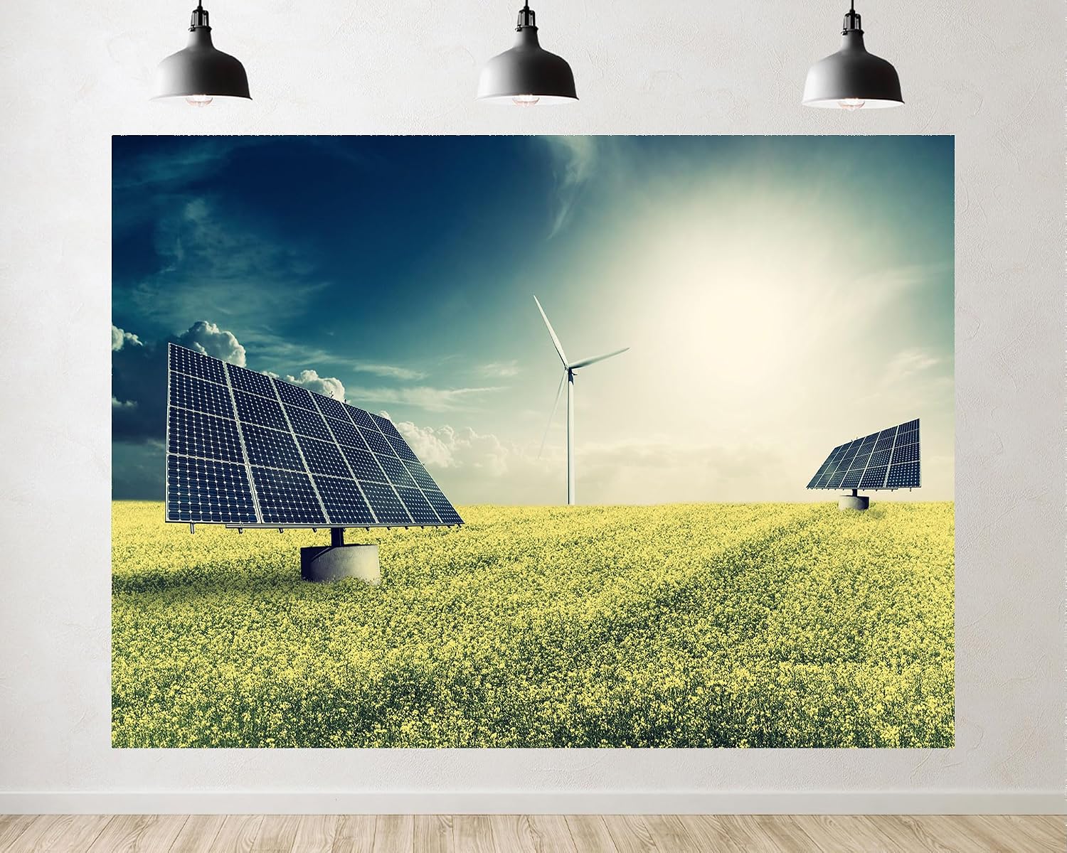 Trykid 20x10ft Solar Wind Turbine Yellow Field Backdrop Renewable Energy Landscape Photography Background Eco Friendly Event Party Decoration Tapestry Photo Booth Prop Fabric