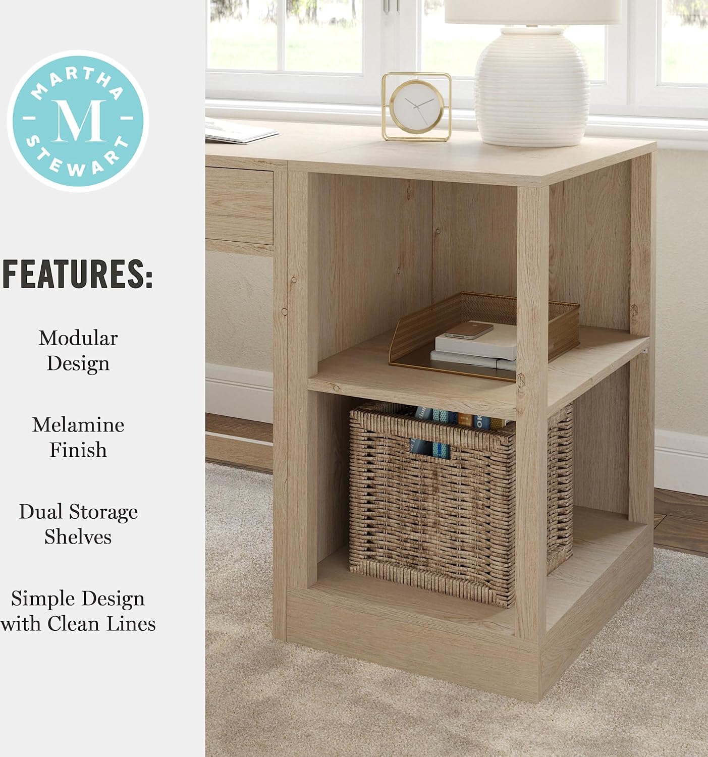 Martha Stewart Kayden Home Office Modular 2-Tier Bookshelf with Open Storage and 2 Shelves in Light Natural