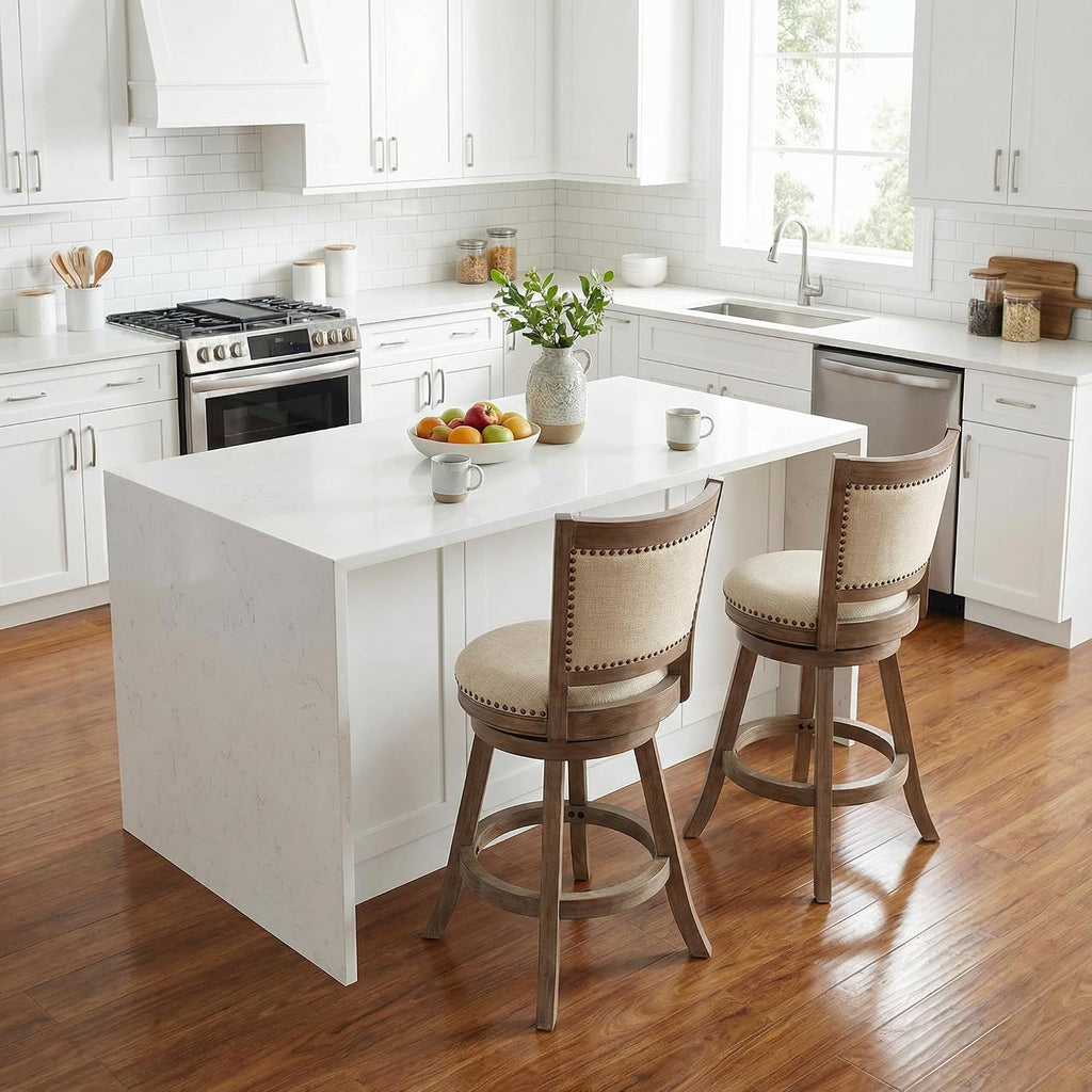 Cortesi Home Marko Stool in Beige Fabric Swivel Seat with Back, 24' Counter Height, Driftwood