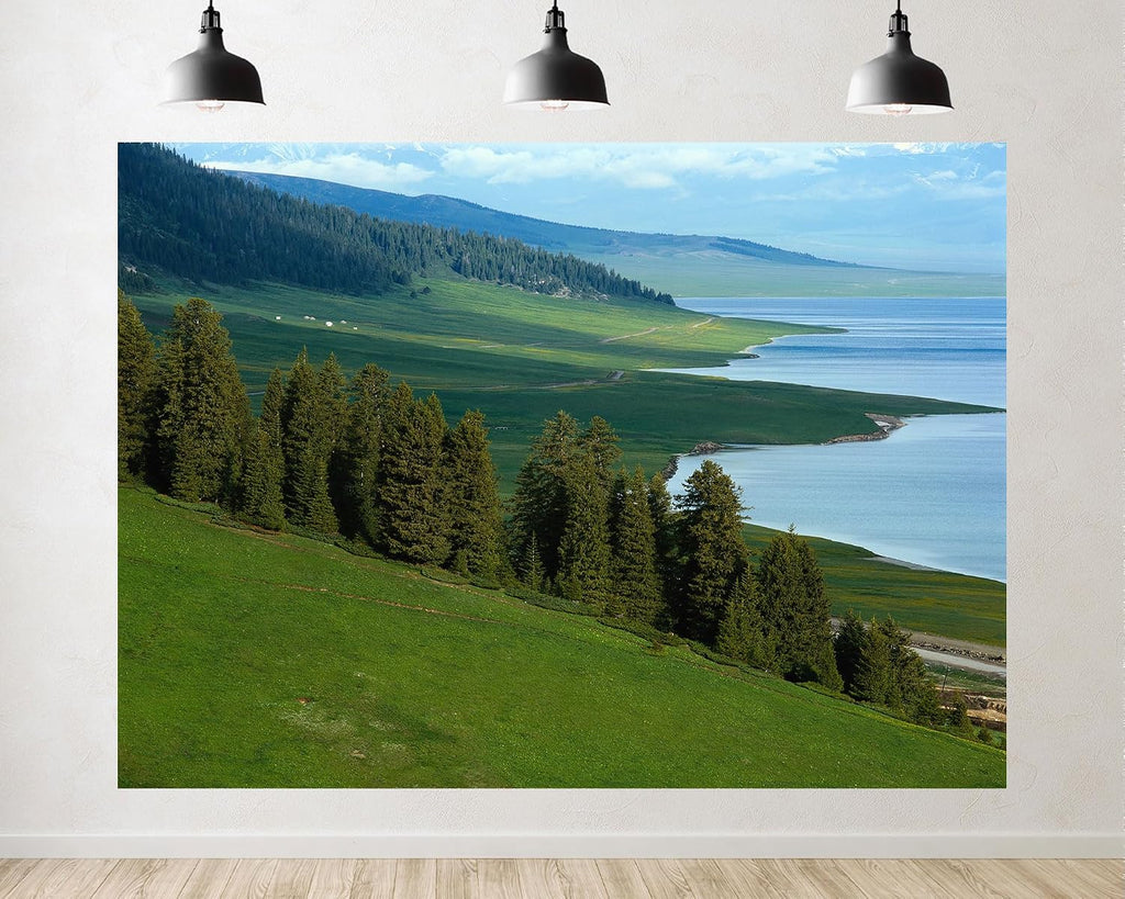 Trykid 20x10ft Lake Shore Backdrop Dense Evergreen Forests Rolling Green Hills Clear Blue Water Photography Background Countryside Wedding Event Party Decoration Photo Booth Prop Fabric