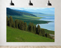 Trykid 20x10ft Lake Shore Backdrop Dense Evergreen Forests Rolling Green Hills Clear Blue Water Photography Background Countryside Wedding Event Party Decoration Photo Booth Prop Fabric