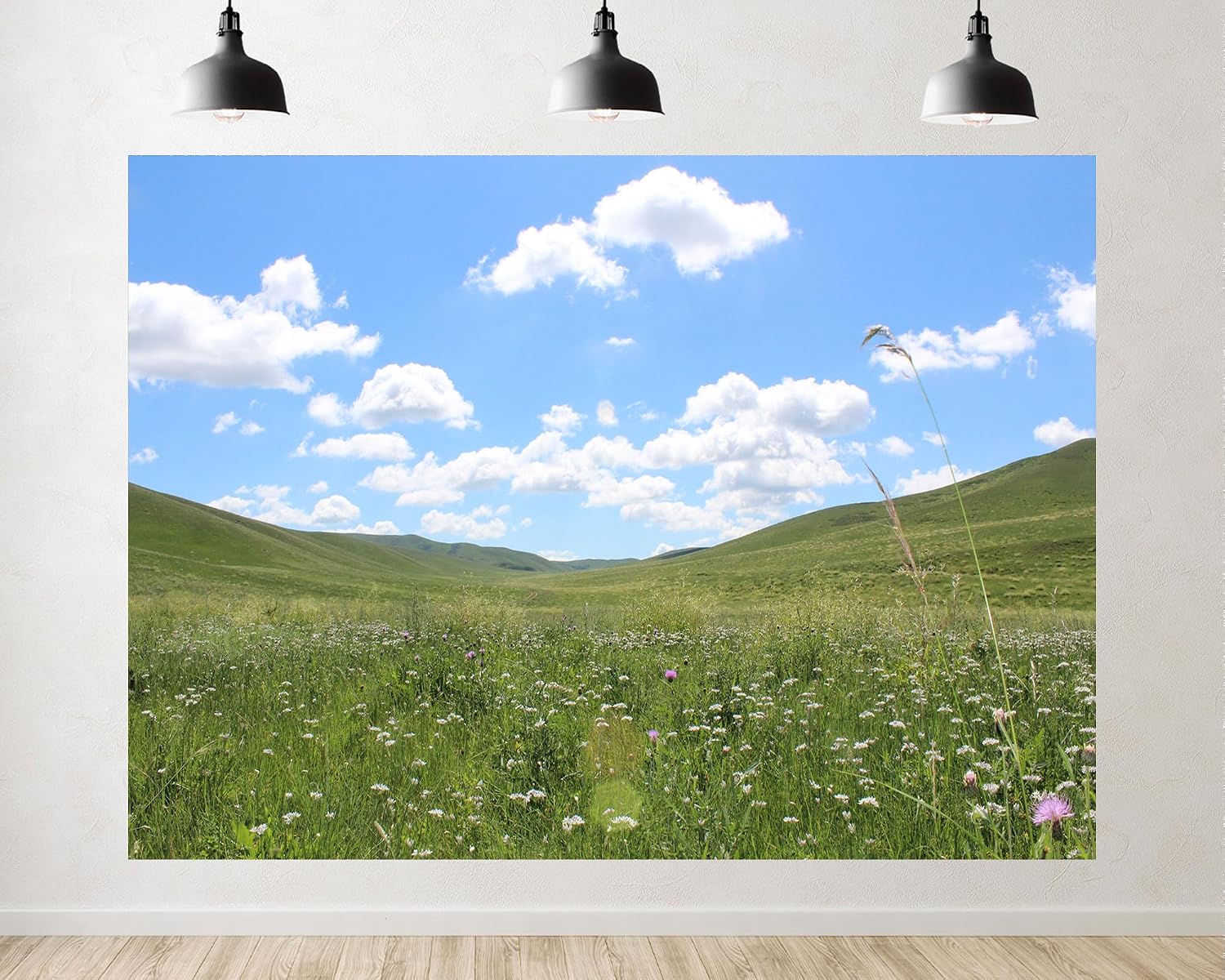 Trykid 20x10ft Wildflower Prairie Backdrop Rolling Hills Fluffy Clouds Clear Blue Sky Expansive Terrain Photography Background Countryside Wedding Party Decoration Photo Booth Prop Fabric