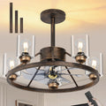24' Ceiling Fans with Lights Wagon Wheel Chandelier, Farmhouse Fandelier Classical Black Fans with Glass Lampshade Light Fixture, 6 Speed, Timing, Adjustable Height for Dining Room Living Room