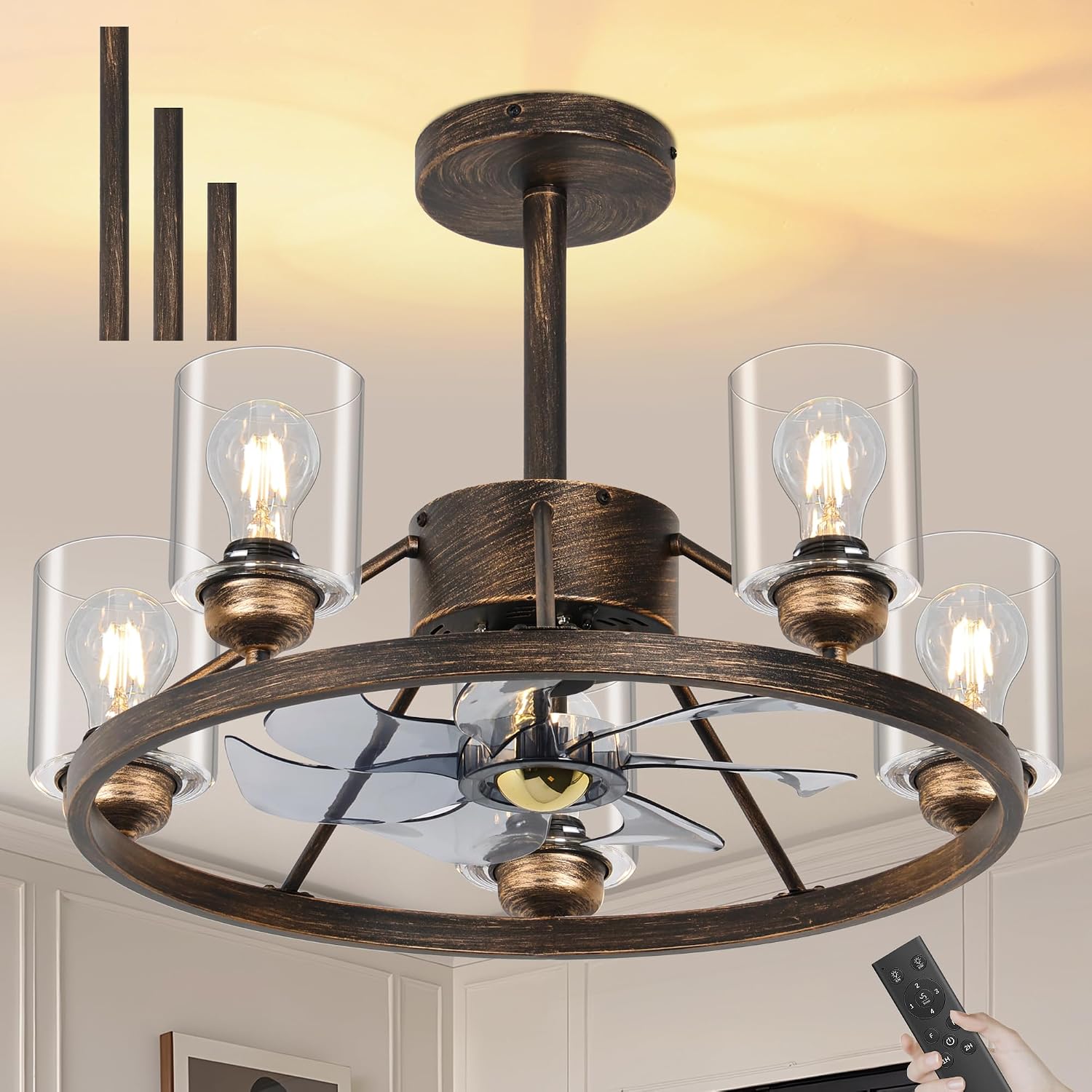 24' Ceiling Fans with Lights Wagon Wheel Chandelier, Farmhouse Fandelier Classical Black Fans with Glass Lampshade Light Fixture, 6 Speed, Timing, Adjustable Height for Dining Room Living Room