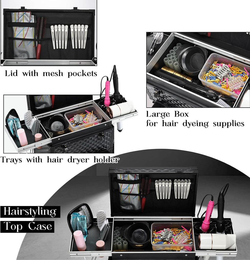 Joligrace Cosmetology Case on Wheels, Rolling Makeup Case for Hairstylists & Makeup Artists， Lockable Professional Make up Case Salon Trolley Cart with Hairdryer Holder for Salon/Barber/Travel, Black