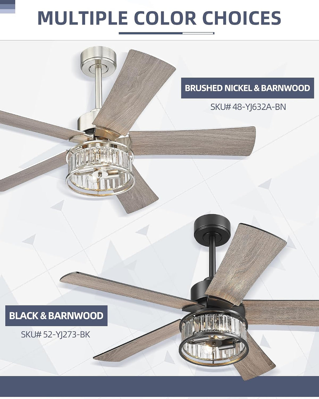YOUKAIN 48 Inch Brushed Nickel Ceiling Fan with Lights and Remote, Modern Crystal Ceiling Fan, 5 Reversible Gray & Wood Blades, Quiet Indoor Ceiling Fan for Bedroom Living Room, 48-YJ632A-BN