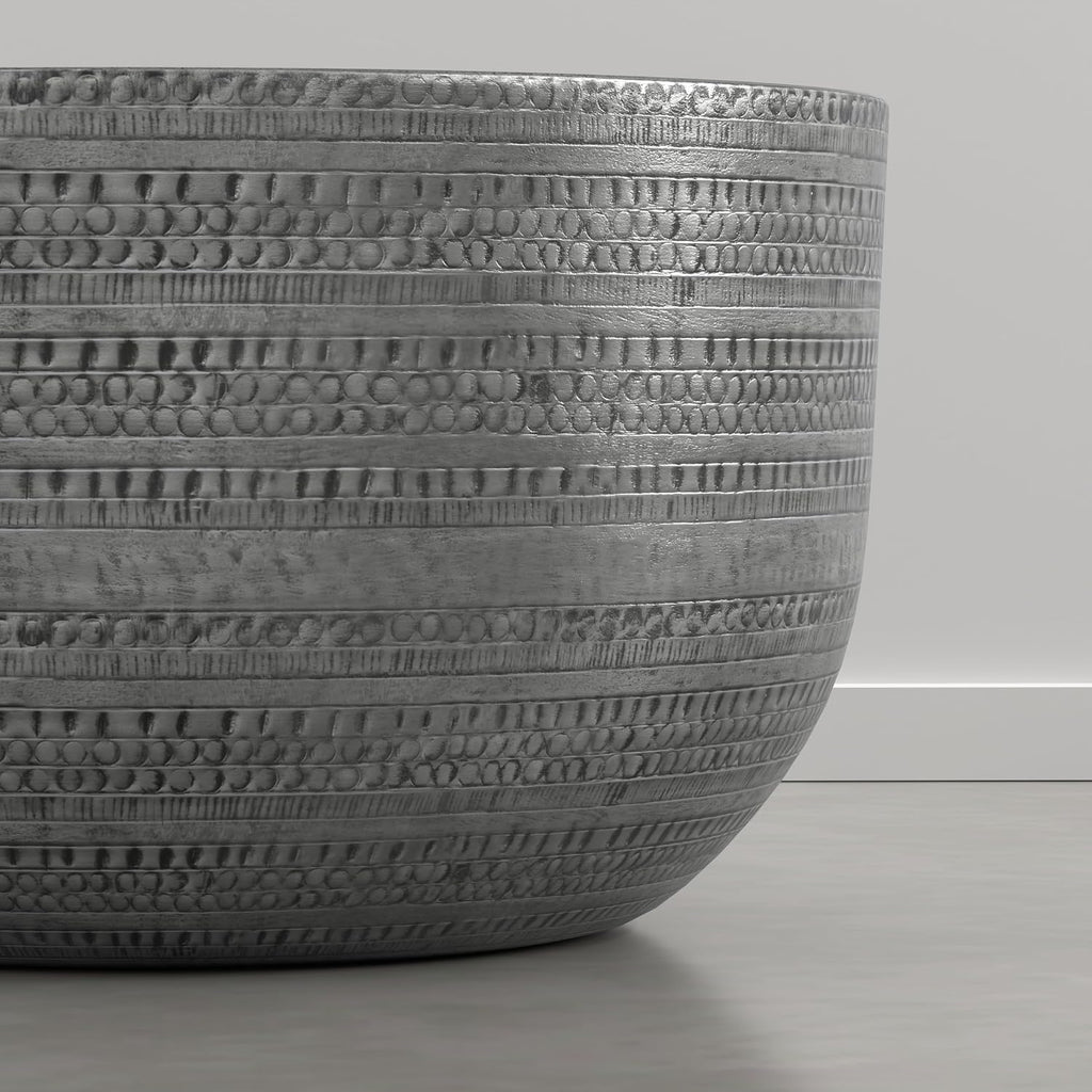 SIMPLIHOME Johnsen Metal Coffee Table - 30 inch Wide Solid Metal Round Drum Accent Table in Distressed Nickel, Boho Coffee Table for Living Room with Decorative Textured Design, Assembled