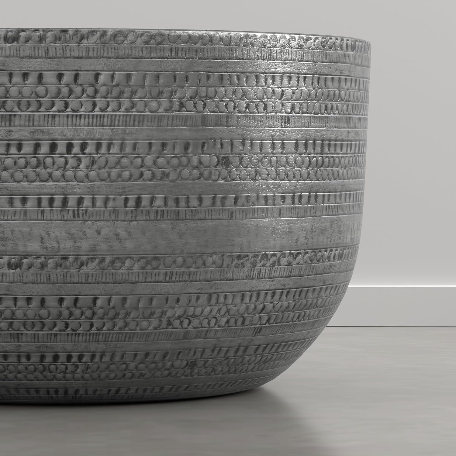 SIMPLIHOME Johnsen Metal Coffee Table - 30 inch Wide Solid Metal Round Drum Accent Table in Distressed Nickel, Boho Coffee Table for Living Room with Decorative Textured Design, Assembled