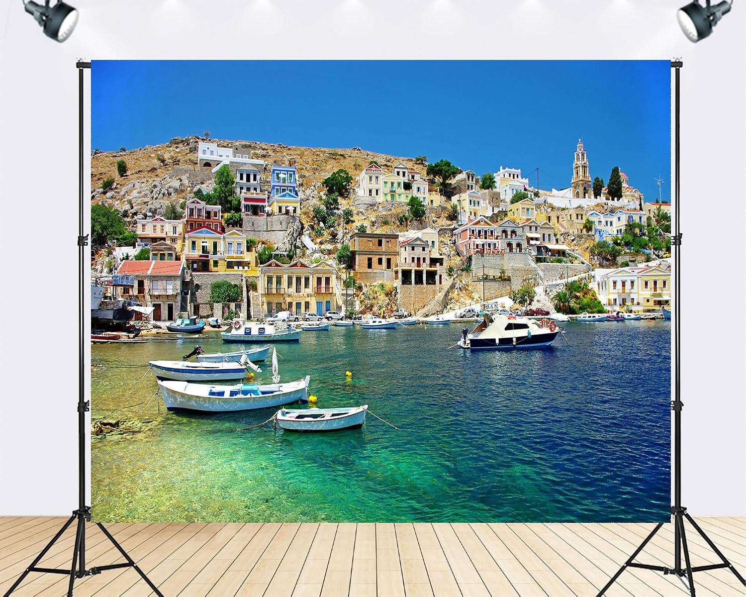 Trykid 20x10ft Greek Harbor Backdrop Colorful Hillside Houses Clear Blue Sky Fishing Boats Photography Background Travel Shoots Tapestry Party Decoration Photo Studio Prop Fabric