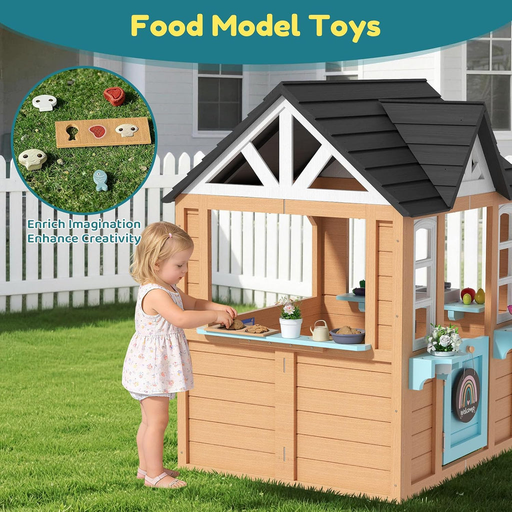 BIERUM Outdoor Playhouse for Kids - Wooden Kid Play House with Play Kitchen, Birdhouse, Flowerpot Holders and Mud Molds, Premium Wood Kids Cottage for Ages 3-8, Backyard Pretend Play, Blue & Brown