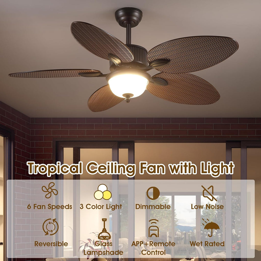 Wiviniya 50 Inch Tropical Ceiling Fans with Lights, Palm Leaf Waterproof Outdoor Ceiling Fan for Patios Porch, Remote/APP Control, Wet Rated, Glass Lampshade, Quiet DC Motor, Dimmable LED, Brown