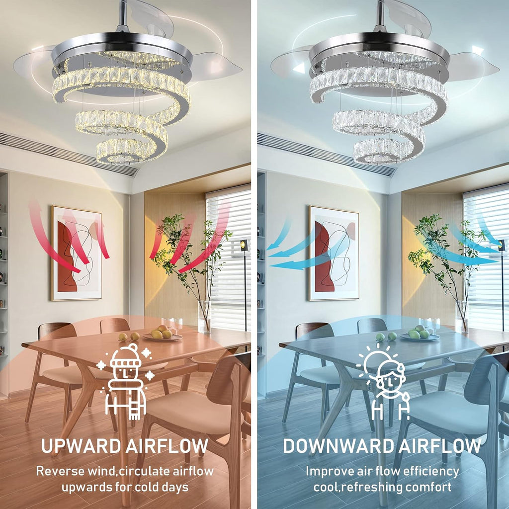 FRIXCHUR 42' Crystal Chandelier Ceiling Fans with Lights and Remote Dimmable Fandelier Retractable Crystal Ceiling Fans 3 Rings Invisible Blades Crystal Ceiling Fans for Bedroom Living Room 30W*2