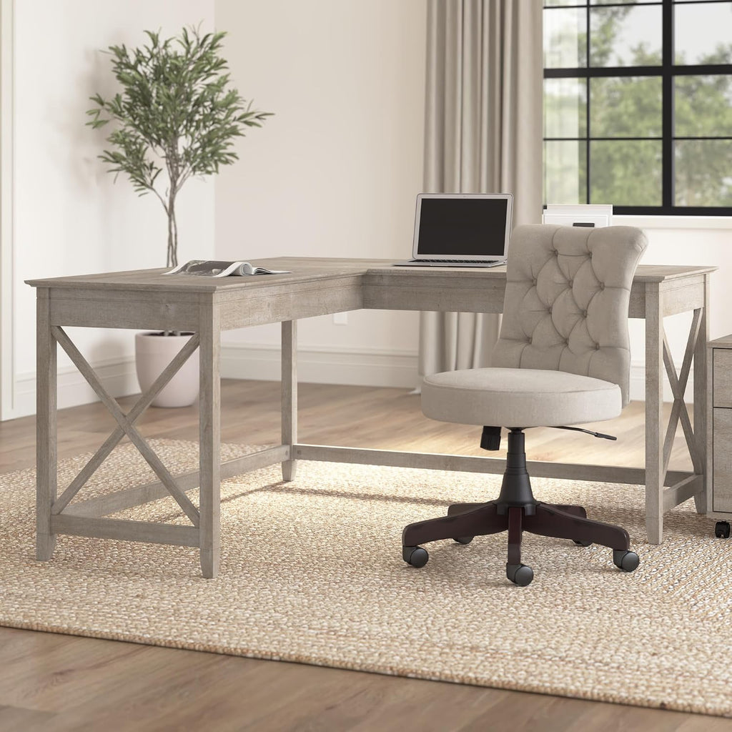 Bush Home Key West 60W Modern Farmhouse L Shaped Desk in Washed Gray, 60-Inch Corner Computer Table for Home Office Workspace