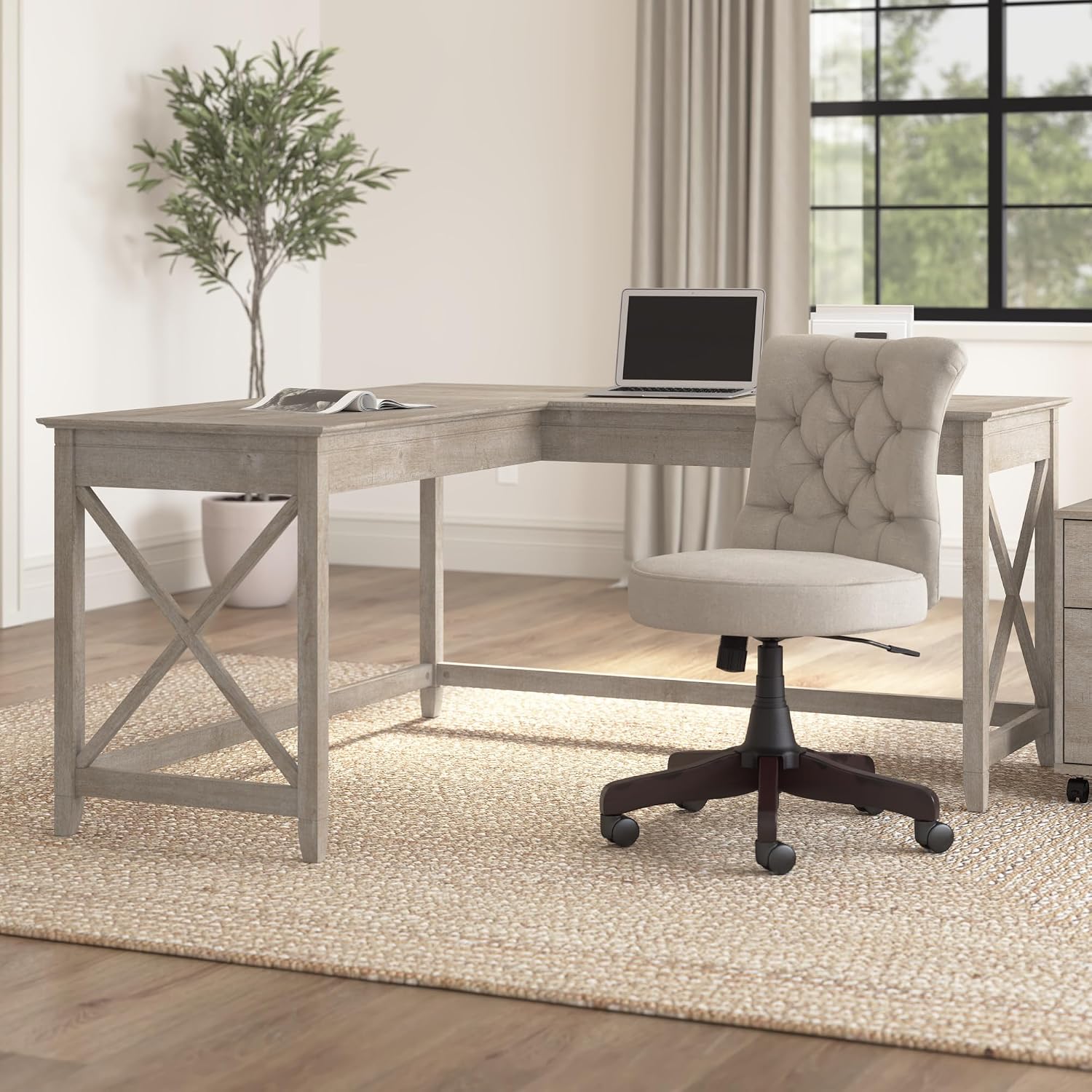 Bush Home Key West 60W Modern Farmhouse L Shaped Desk in Washed Gray, 60-Inch Corner Computer Table for Home Office Workspace
