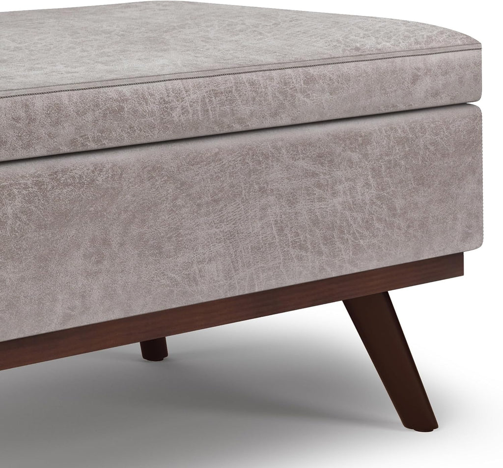 SIMPLIHOME Owen Lift Top Coffee Table Storage Ottoman - 42 inch Wide Upholstered Vegan Leather Rectangular Lift-Top Ottoman in Distressed Grey Taupe, Mid-Century Modern Ottoman for Living Room