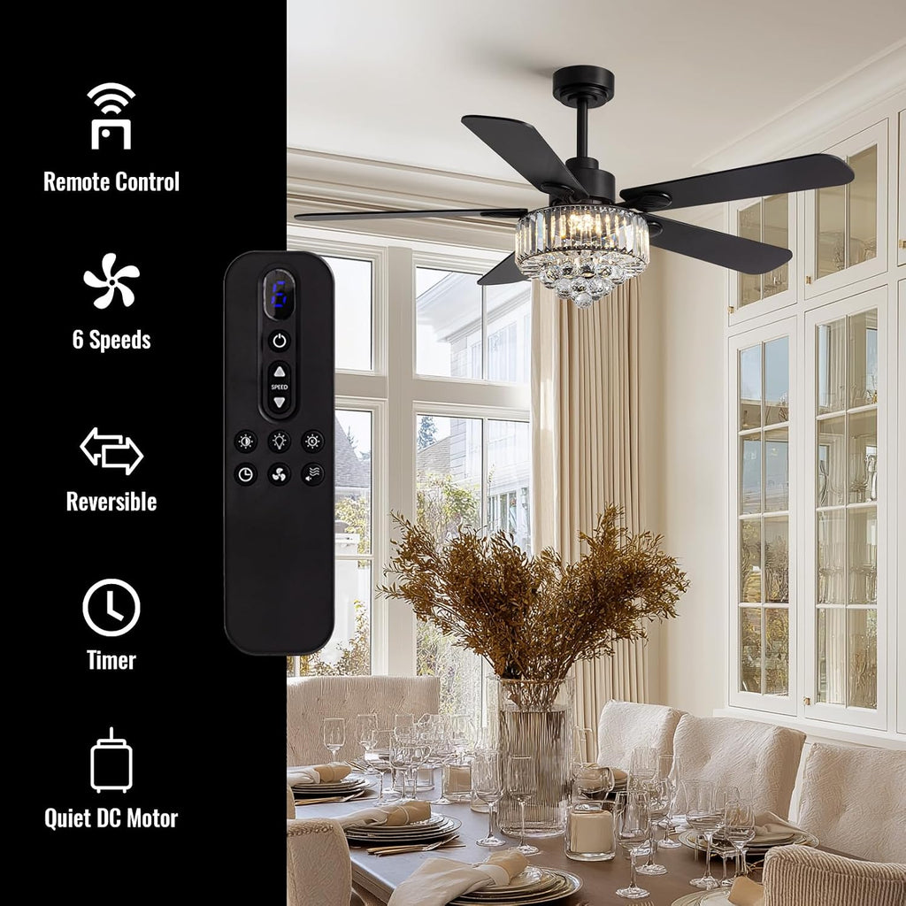 Crystal Fandelier Ceiling Fan with Light,Chandelier Ceiling Fan with Remote and APP Control,Quiet Light for Bedroom, 3 Color Temperature, 52 Inch vintage ceiling fan With 6 Speeds