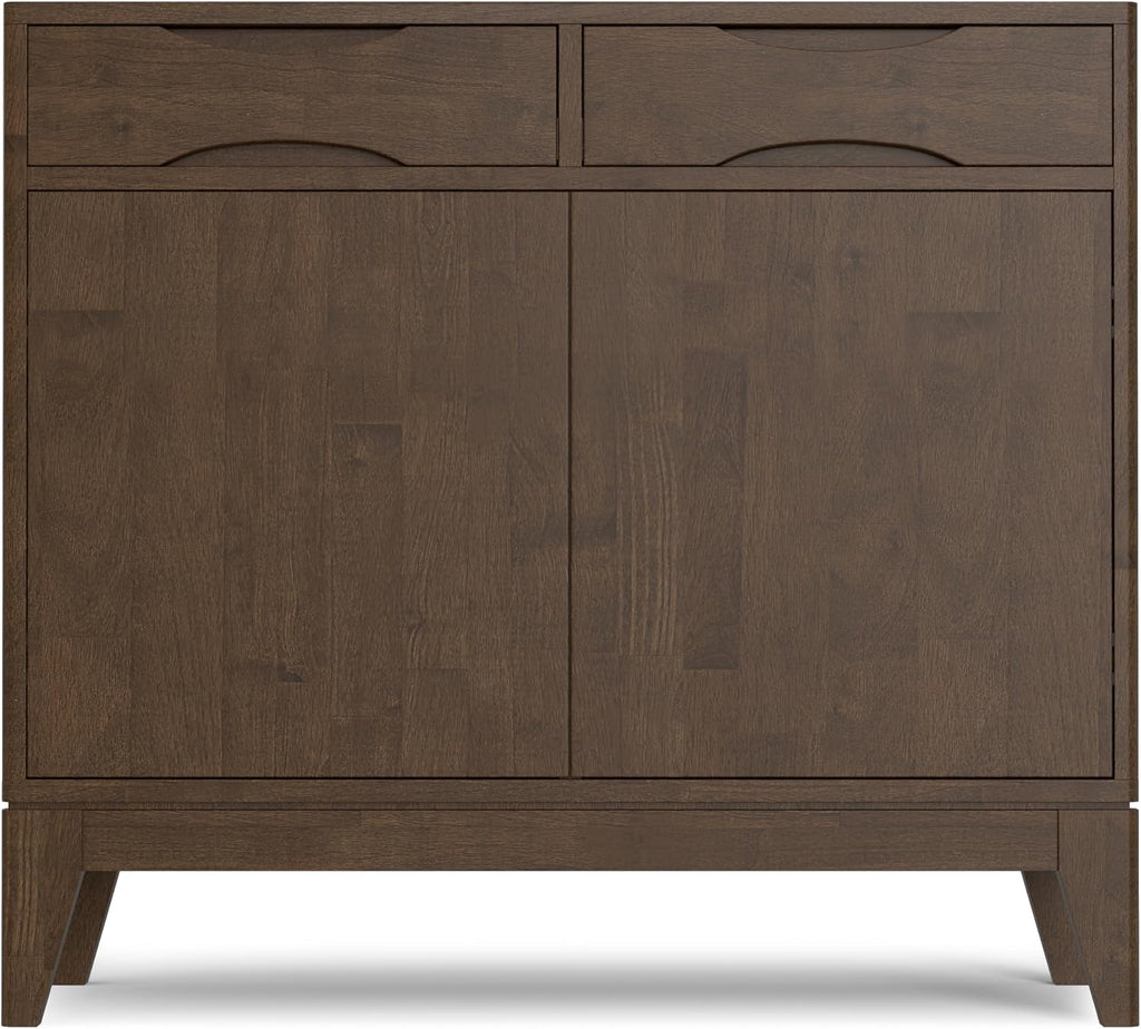 SIMPLIHOME Harper Storage Cabinet - 40 inch Wide Solid Wood Medium Storage Cabinet in Walnut Brown, Mid-Century Modern Cupboard for Entryway or Dining Room with Drawers, Tapered Legs, and Shelves