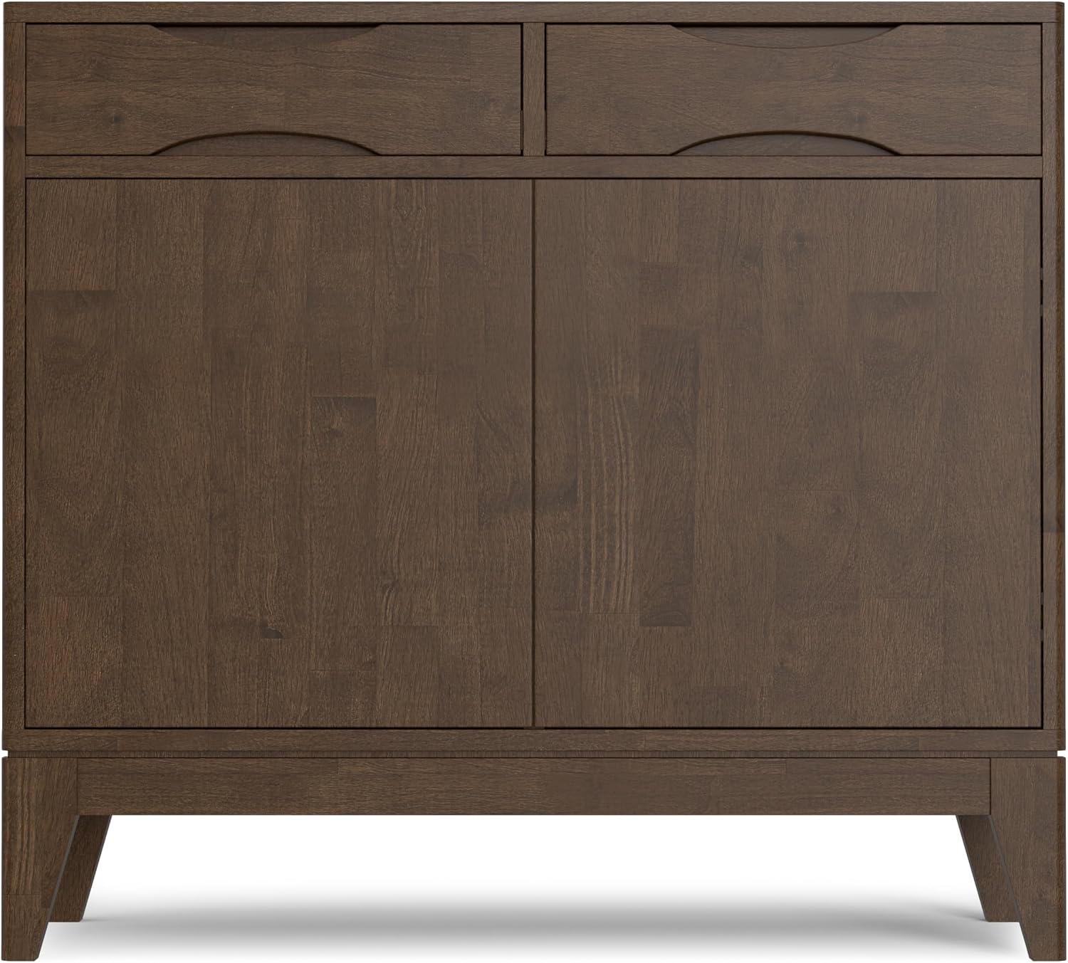 SIMPLIHOME Harper Storage Cabinet - 40 inch Wide Solid Wood Medium Storage Cabinet in Walnut Brown, Mid-Century Modern Cupboard for Entryway or Dining Room with Drawers, Tapered Legs, and Shelves