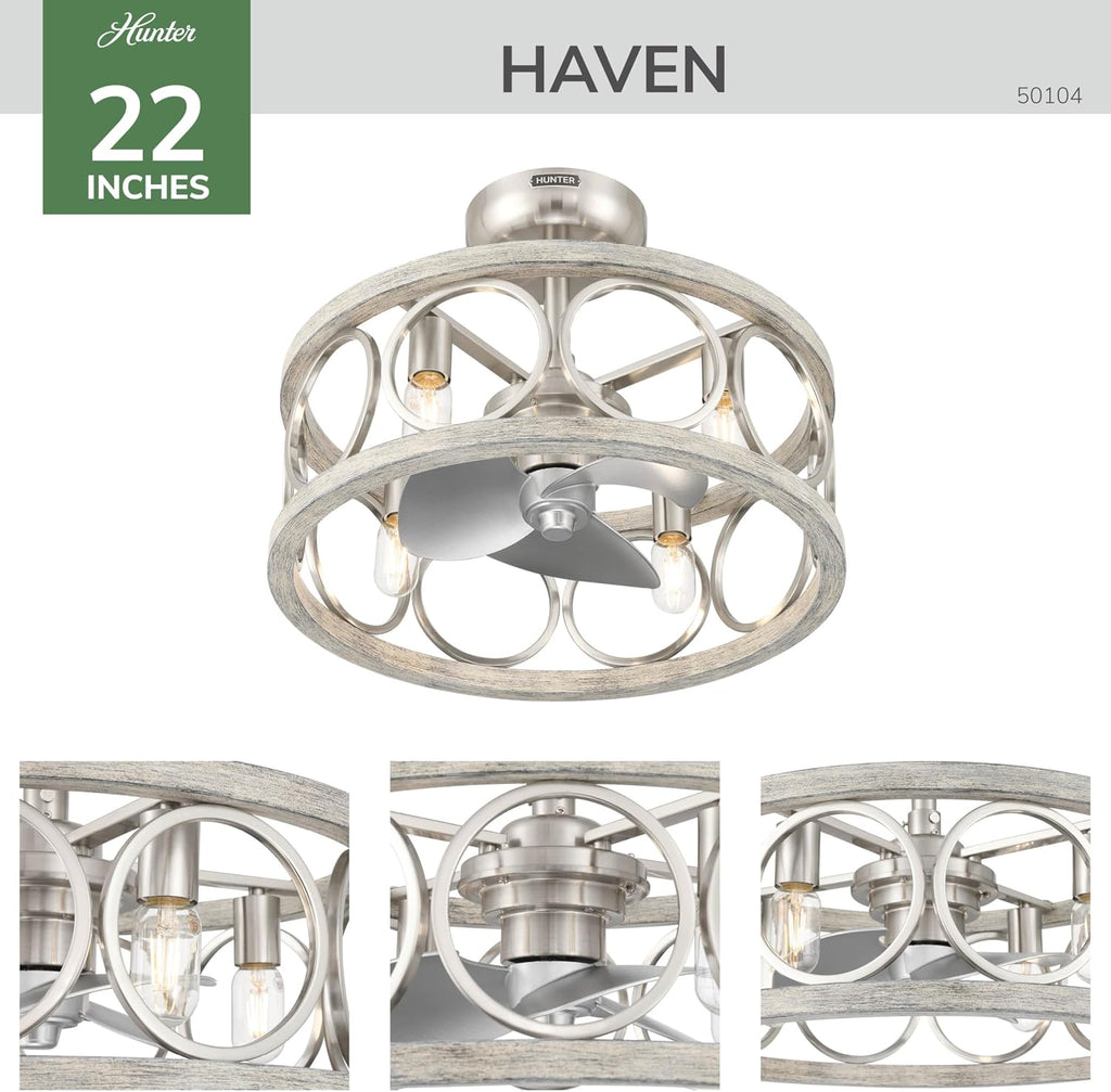 Hunter Haven 22 inch Indoor Fandelier Caged Ceiling Fan with Light and Remote, Brushed Nickel Ceiling Fan with Wood Accents, Industrial Farmhouse Style for Bedrooms, Living Rooms, Home Offices, 50104